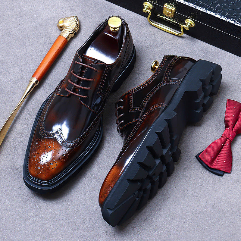 Men's Formal Wear Cowhide Platform Handmade Derby Glossy Breathable Leather Shoes