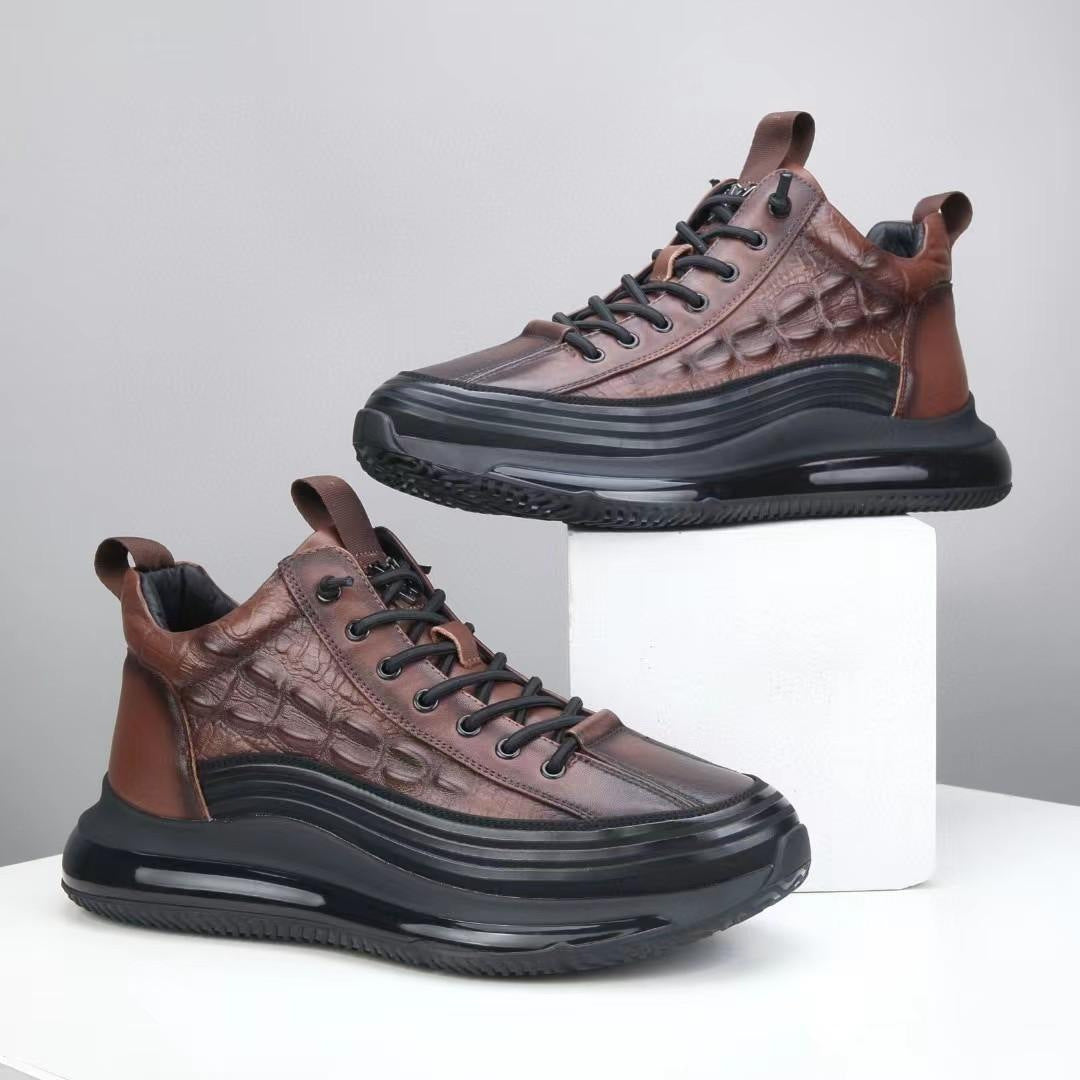 Men's Top Layer Cowhide High Air Cushion Soft Bottom Crocodile Men's Casual Leather Shoes