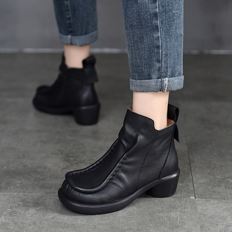 Women's Promotion Price Ladies Genuine Retro Chunky Leather Shoes