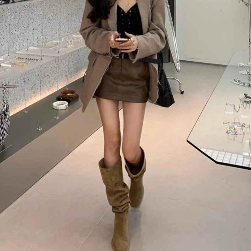 Women's Pleated Pile Style Tall Knight High-heeled Boots