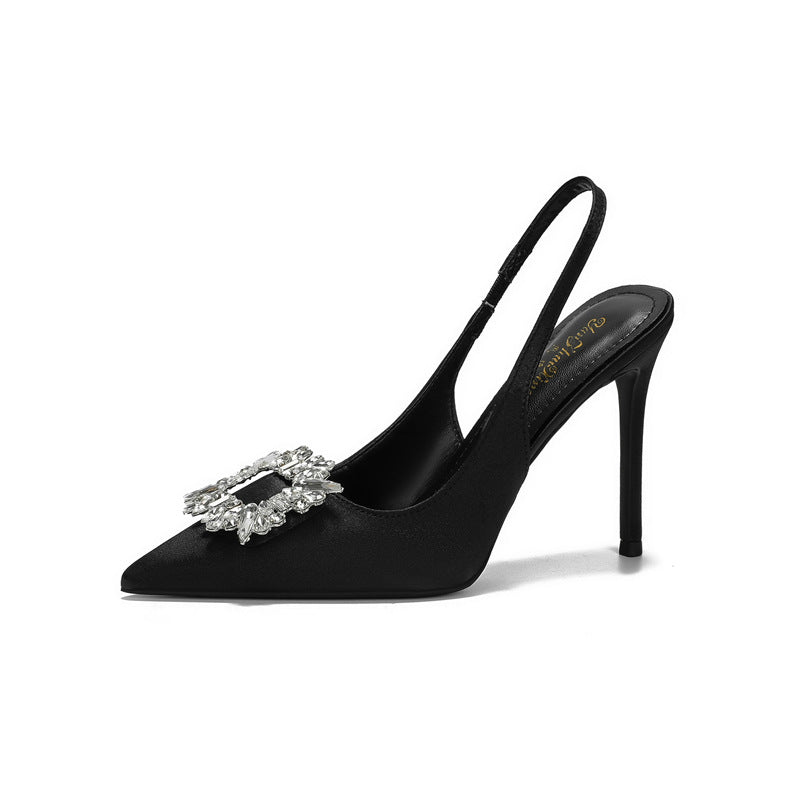 Women's Back Empty Square Buckle Rhinestone Closed Heels