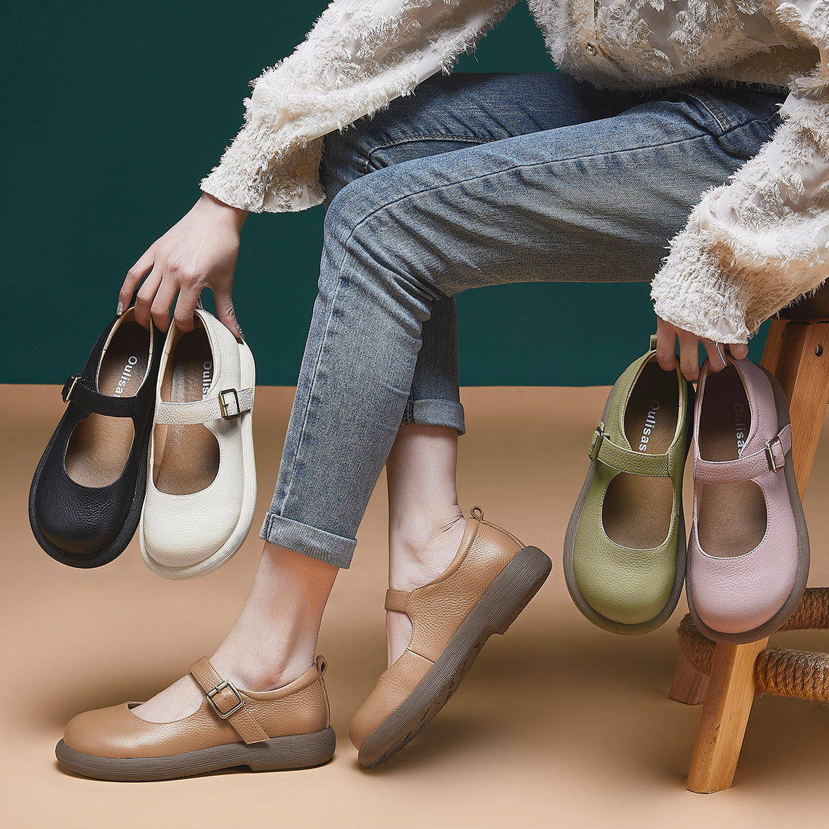 Women's With Round Head British Pumps Color Leather Shoes