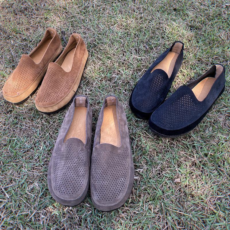 Men's Retro Handmade Cowhide Hollow Summer Soft Loafers