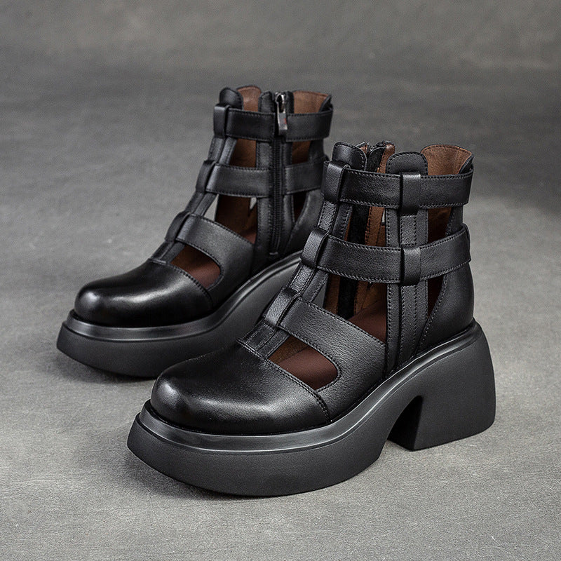 Women's Hole Hollow Side Zipper Top Layer Cowhide Round Heels