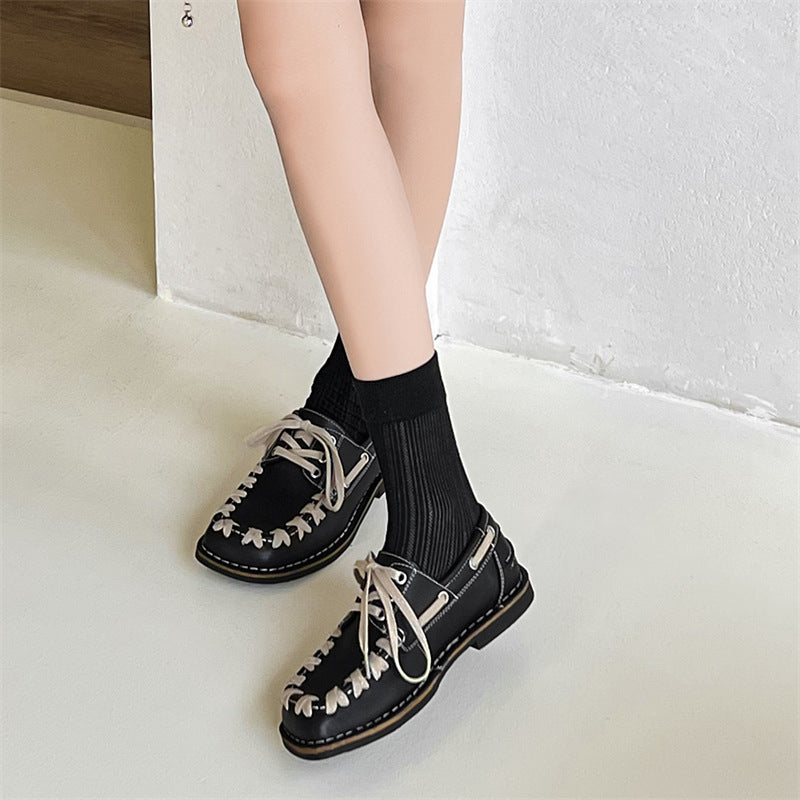 Women's & Men's Retro Handmade Leisure Square Toe Black Leather Shoes