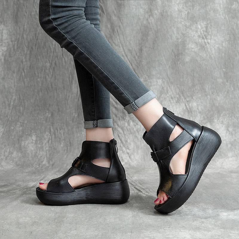 Women's Wedge Cowhide Martin Flat Platform Peep Sandals