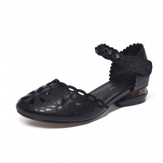Women's Embroidered Hollow Round Toe Flat Bottom Cowhide Top Sandals