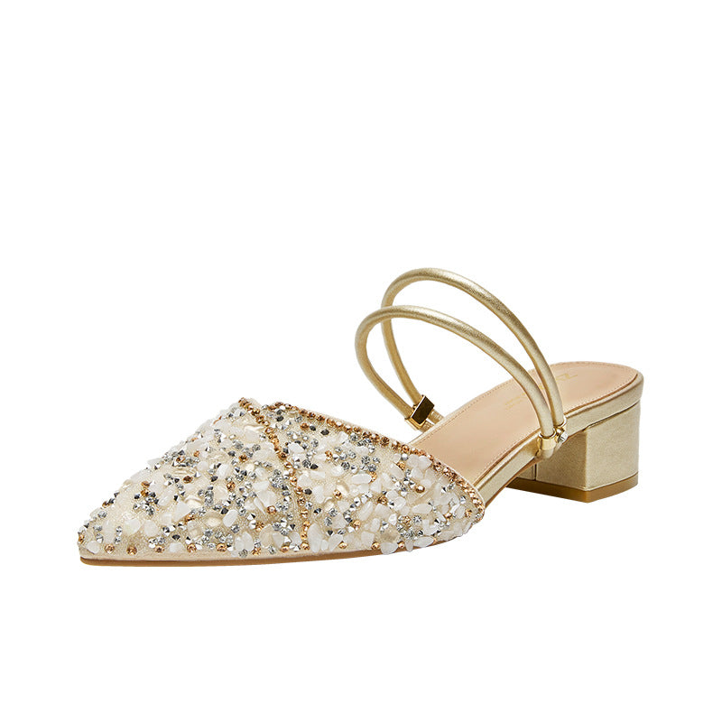 Women's Rhinestone Outer With Skirt Mule Summer Heels