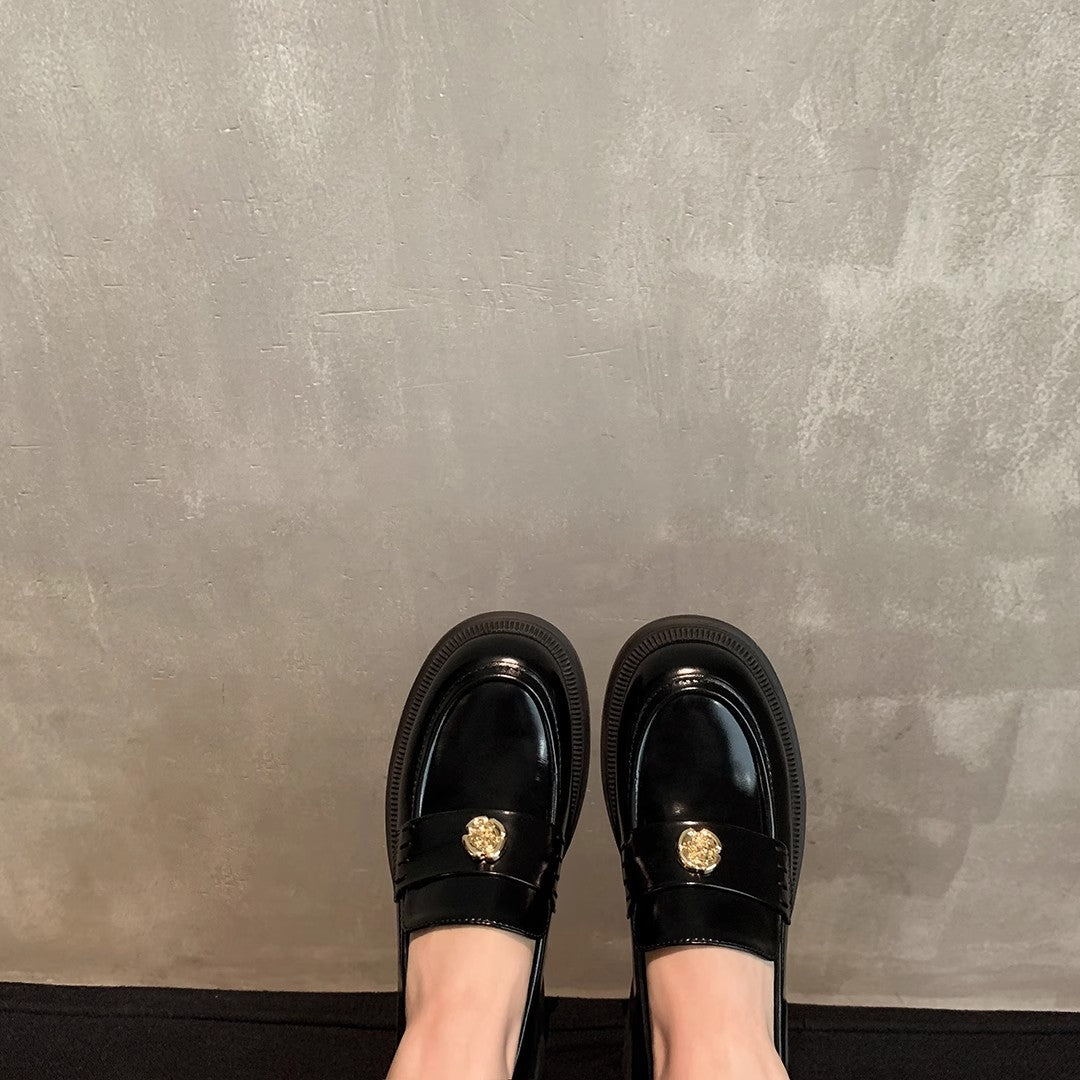 Women's Cowhide Version Genuine Platform Spring Gold Coin Loafers