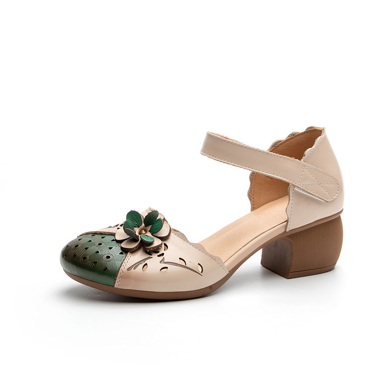 Women's Hollowed Ethnic Style Top Layer Cowhide Thick Velcro Flower Heels