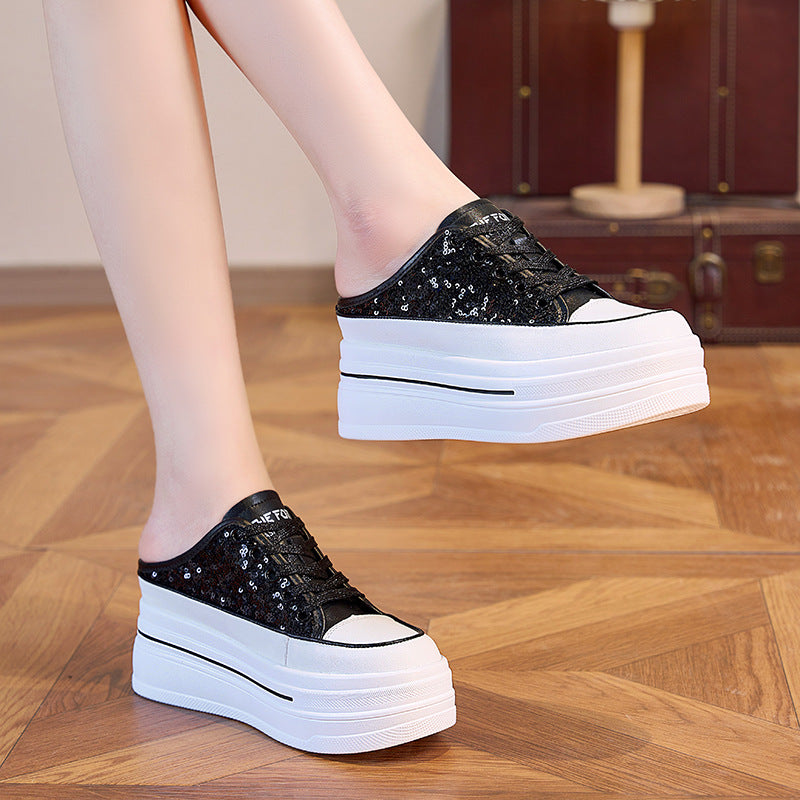 Women's Platform White Summer Breathable Half Genuine Sports Slippers