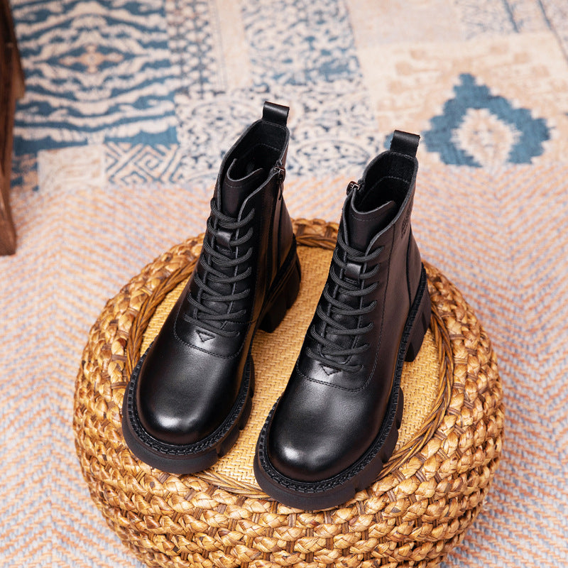 Women's Cowhide Autumn Wedge Short Retro Round Toe Boots