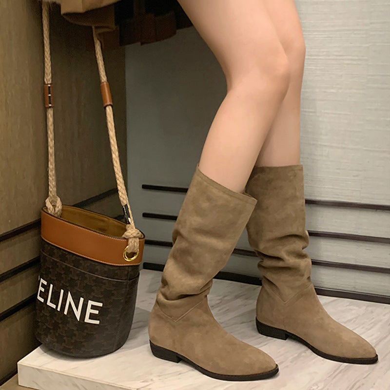Women's Pile Style Pointed Toe Long Tube Western Boots