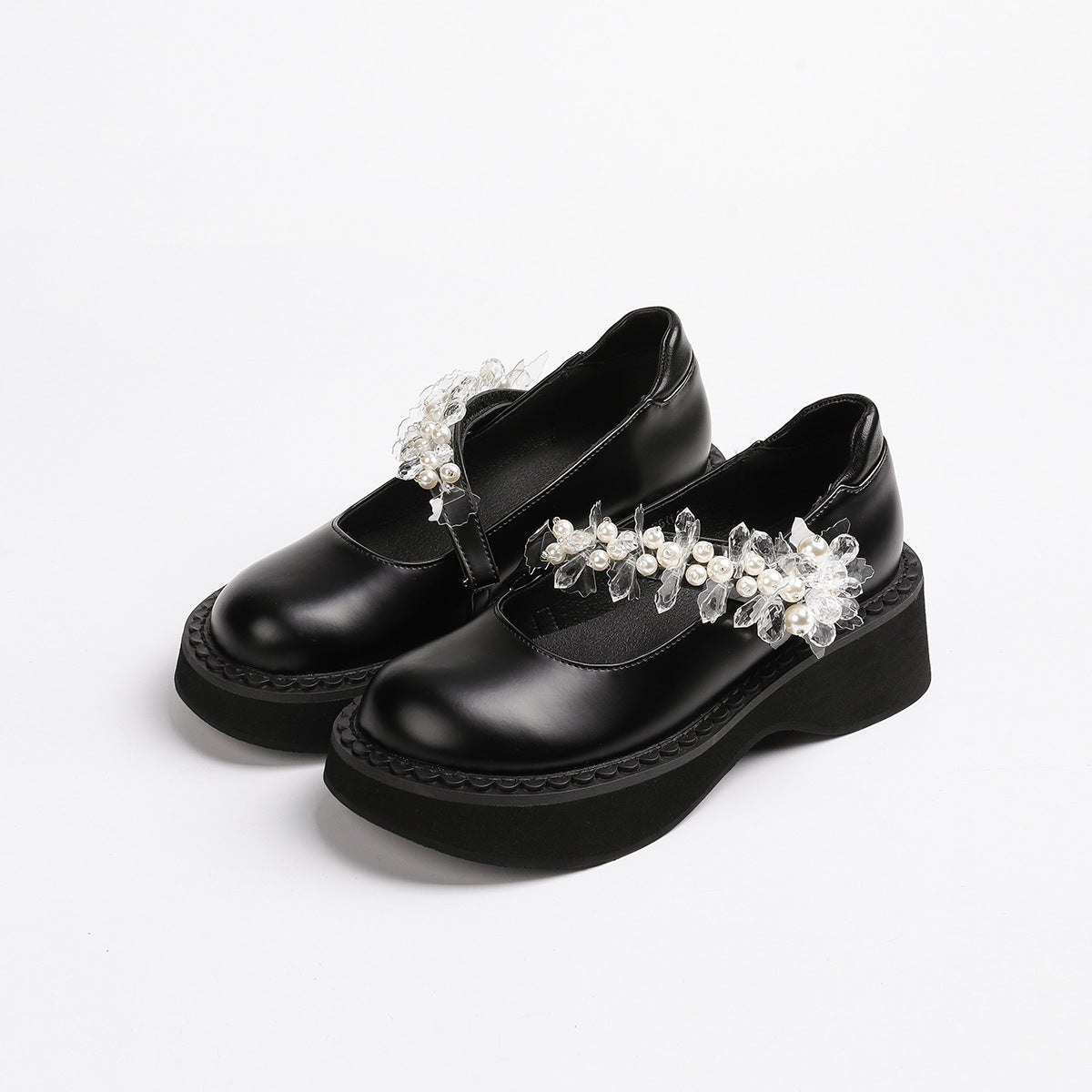 Women's Round Toe British Style Uniform Black Leather Shoes