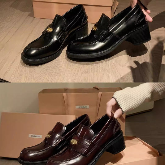 Style Retro Round Toe Small Gold Loafers