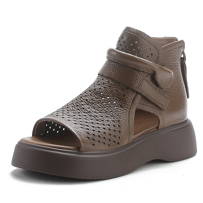 Women's Cowhide Platform Hollow Peep Toe Roman Genuine Retro Sandals