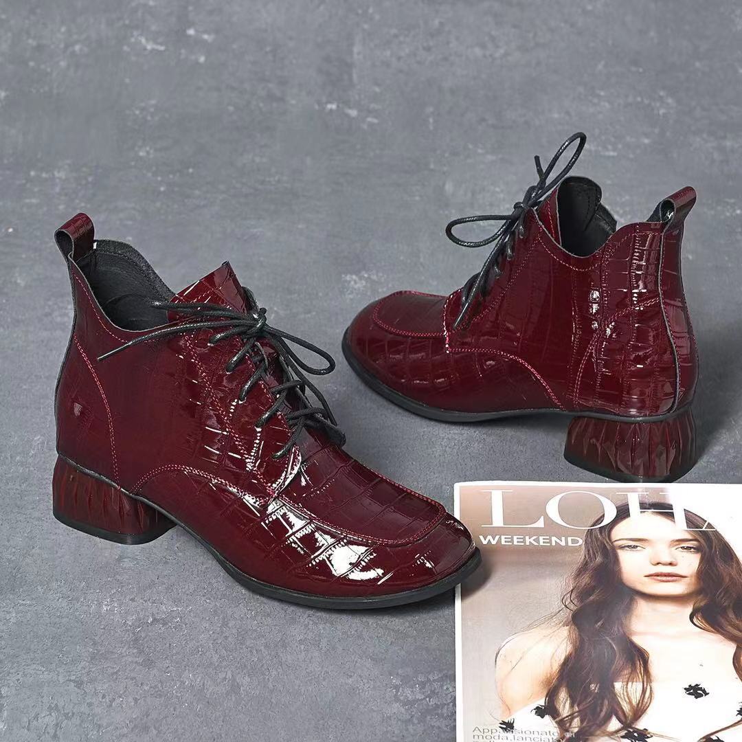 Women's Short Round Head Patent Plaid Chunky Women's Casual Shoes