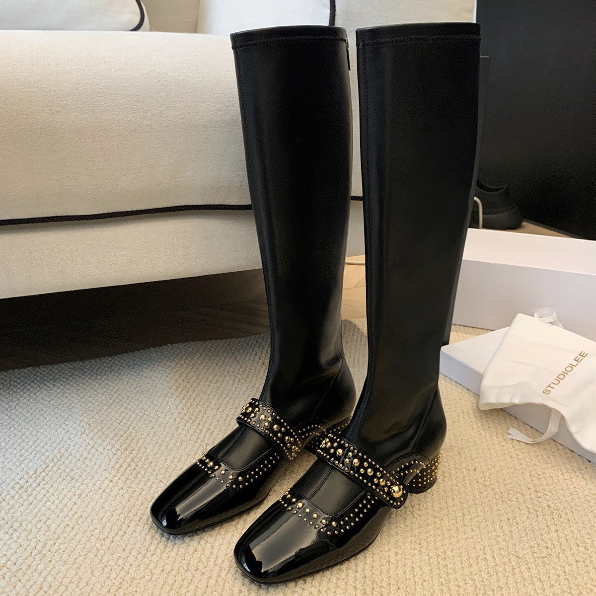Women's Mom Temperament Square Toe Rivet Strap Boots