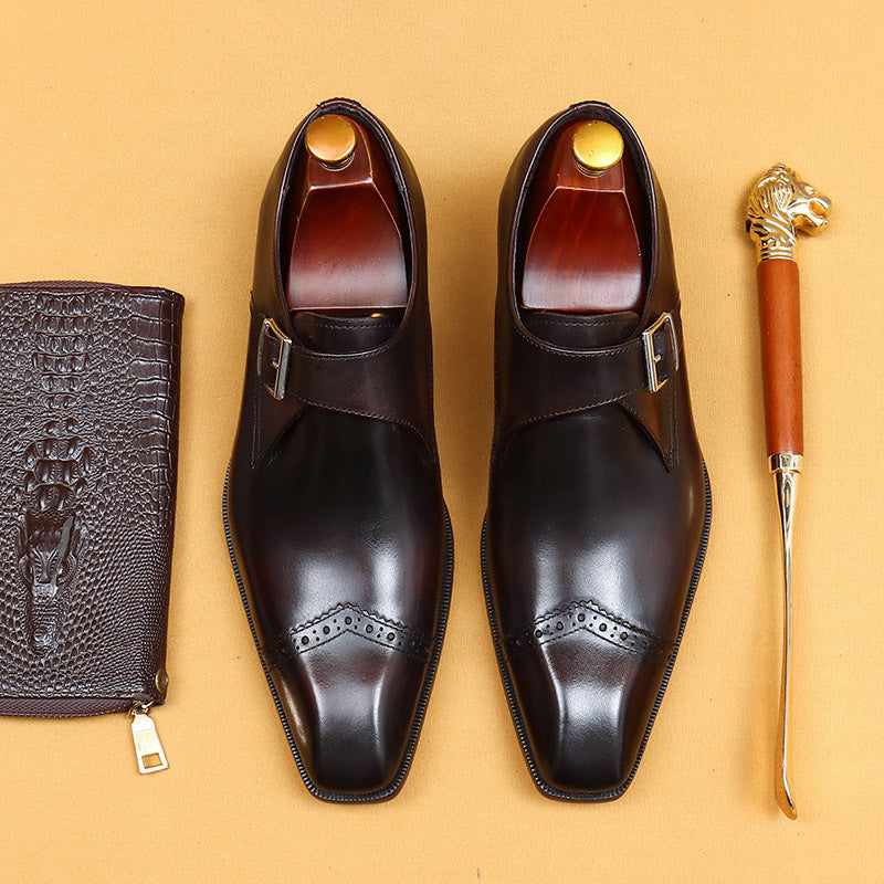 Men's Custom Monk British Vintage Buckle Formal Wear Authentic Square Men's Business Leather Shoes