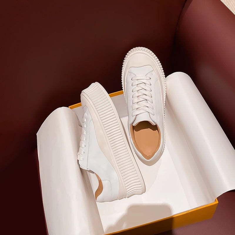 Women's Full Cowhide Platform Height Increasing Insole White Authentic Biscuit Sneakers