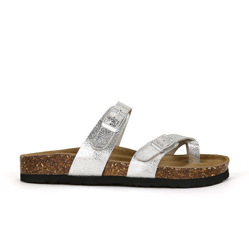 Women's Su Cowhide Summer Wear Toe Covering Slippers