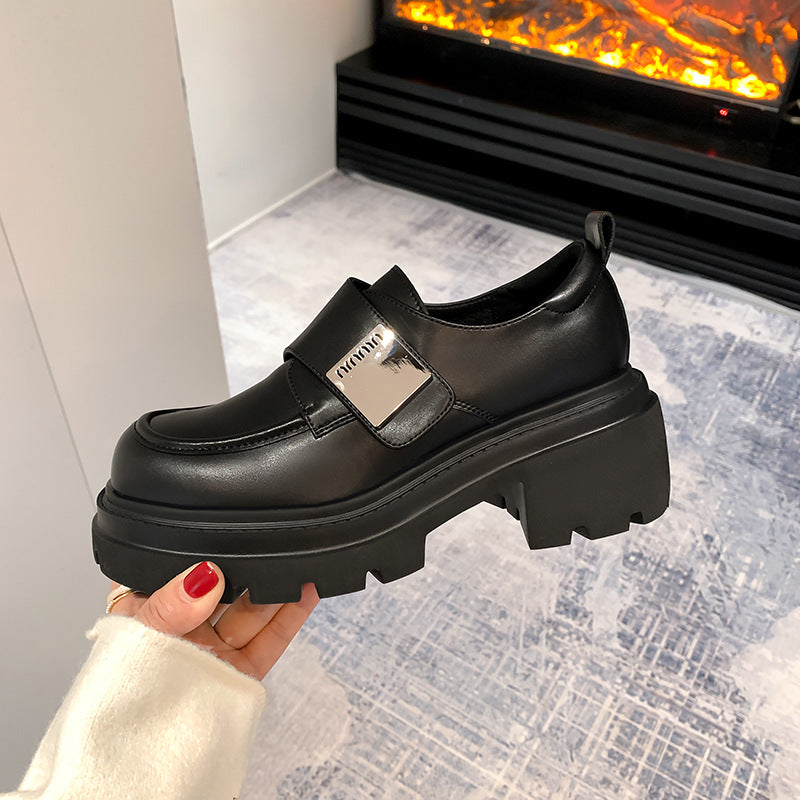 Women's & Men's Thick-soled British Style Velcro Square Buckle Brown Loafers