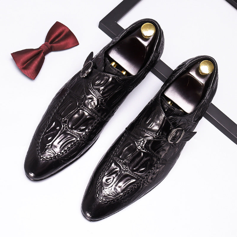 Men's Alligator Pattern Formal Wear First Layer Cowhide Pointed Men's Business Leather Shoes