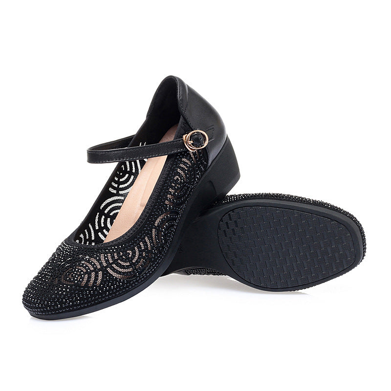 Women's Flat Middle Wedge Genuine Pumps Hollow Sandals