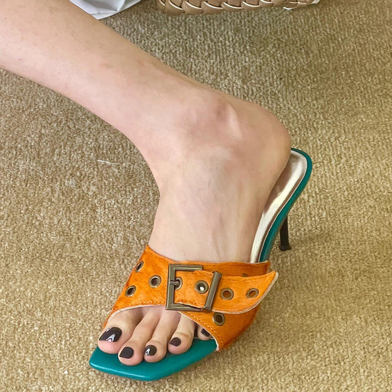 Women's Hot Style Square Head Rivet Horse Slippers