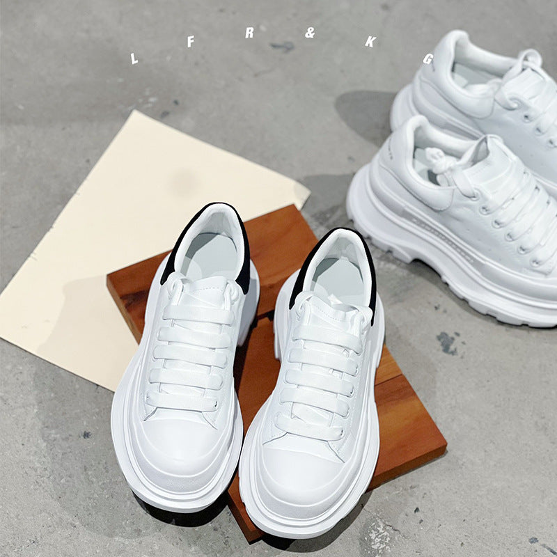 Women's White Thick Bottom Increased Leisure Solid Sneakers