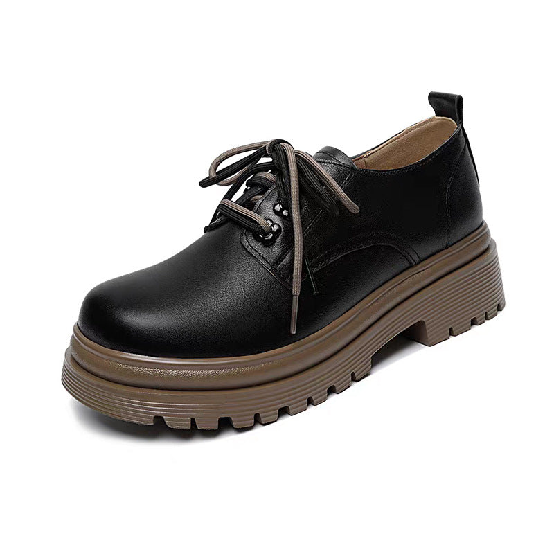 Women's Authentic Spring Platform Cowhide British Style Dissoed Black Leather Shoes