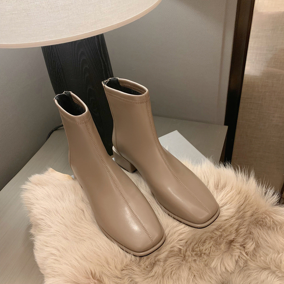 Women's Skinny Vintage Fleece-lined Square Toe Chunky Boots