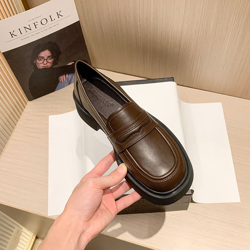 Cowhide Black Platform British Style Vintage Loafers