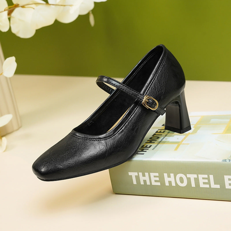 French Retro Black High Spring Strap Commute Casual Shoes