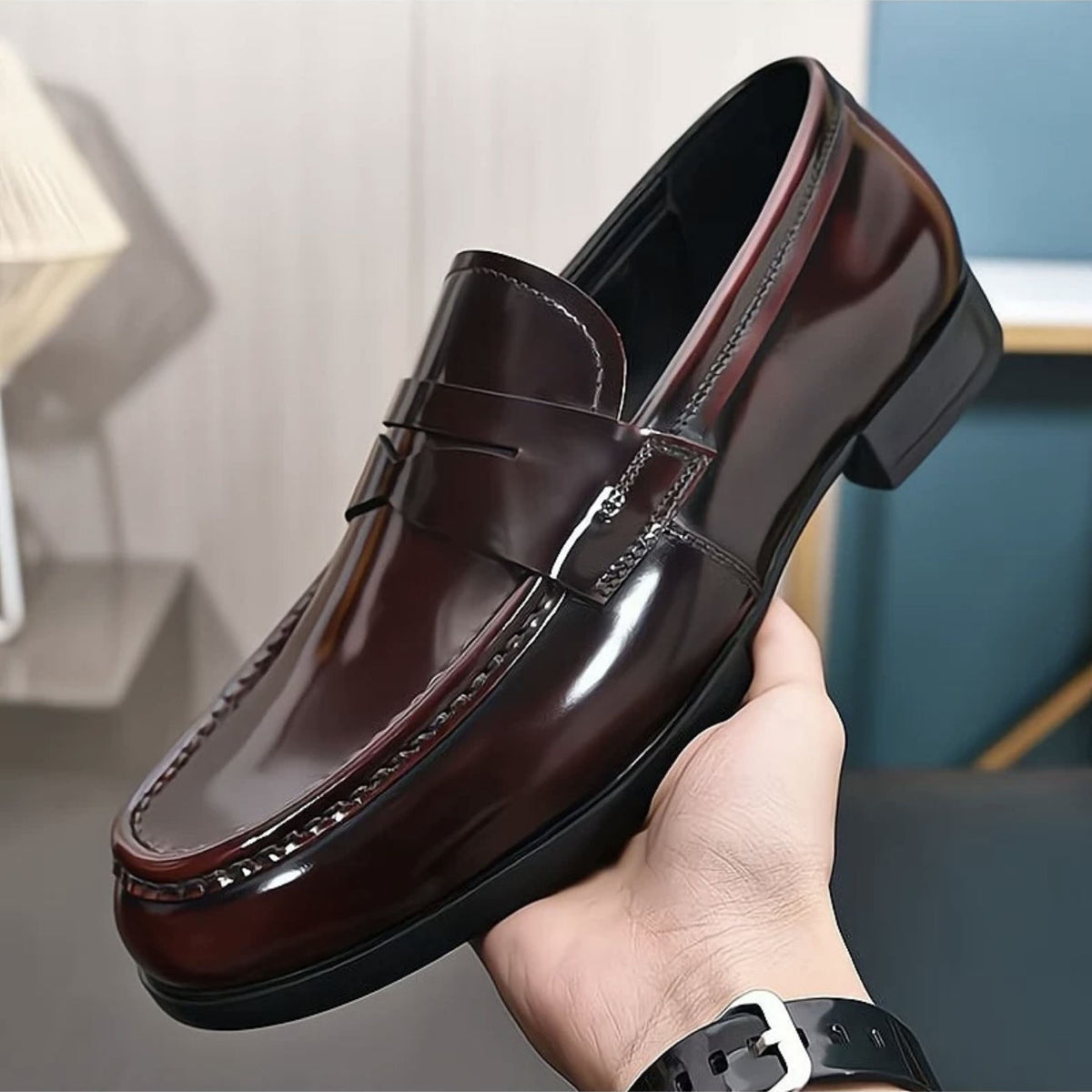 Men's British Style Genuine Slit Beads Slip-on Round Men's Business Leather Shoes