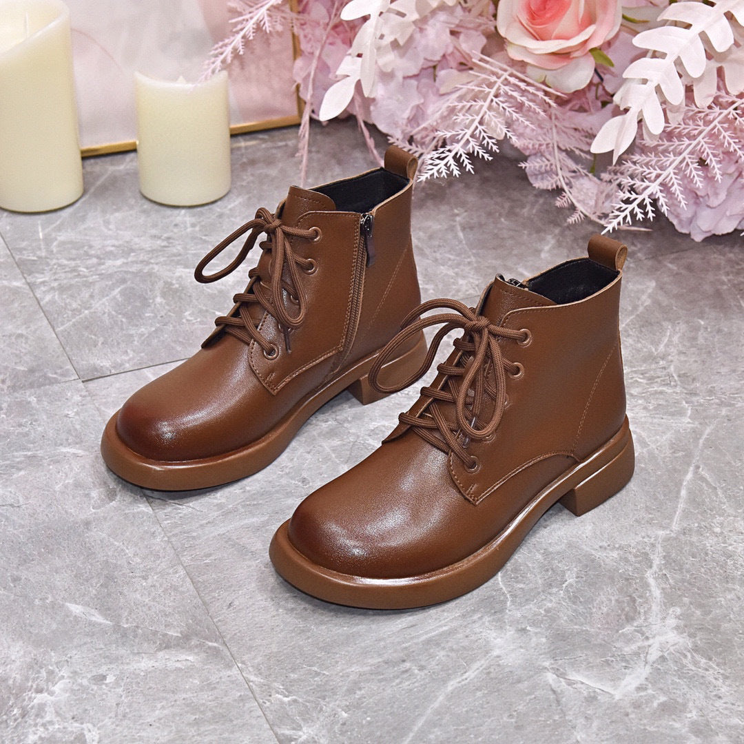 Women's Round Toe Flat Bottom Cowhide Ankle Boots