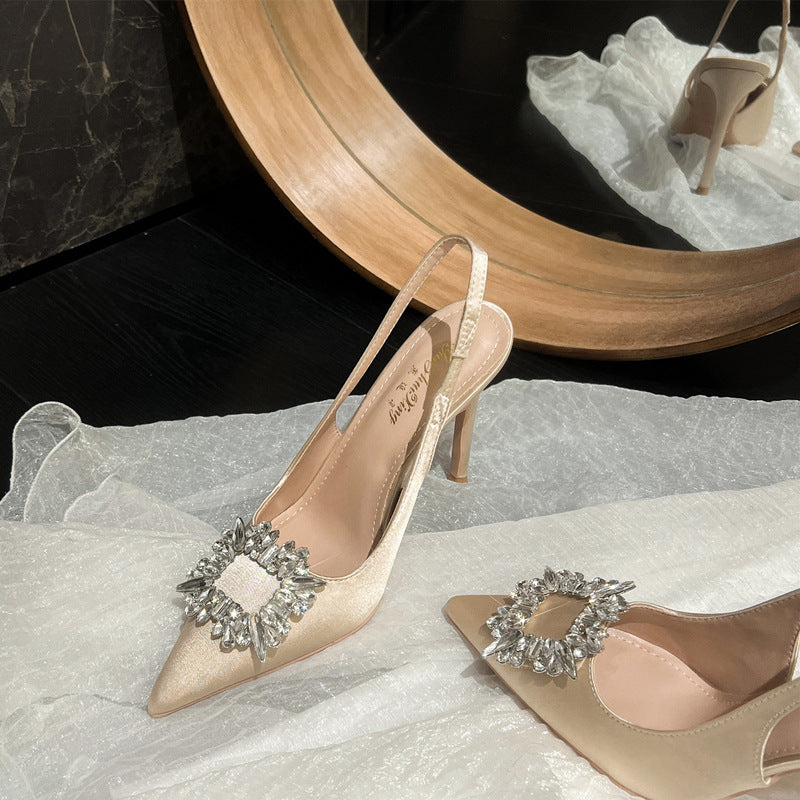 Women's Back Empty Square Buckle Rhinestone Closed Heels