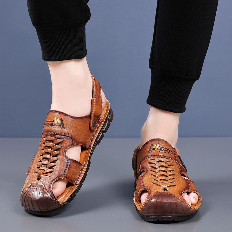 Men's Summer Green Pump Beach First Layer Cowhide Sandals