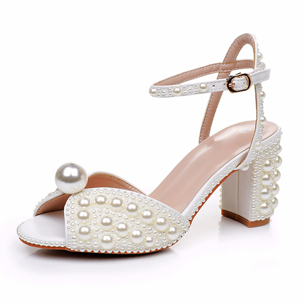 Women's Peep Toe Square Root White Bridal Heels