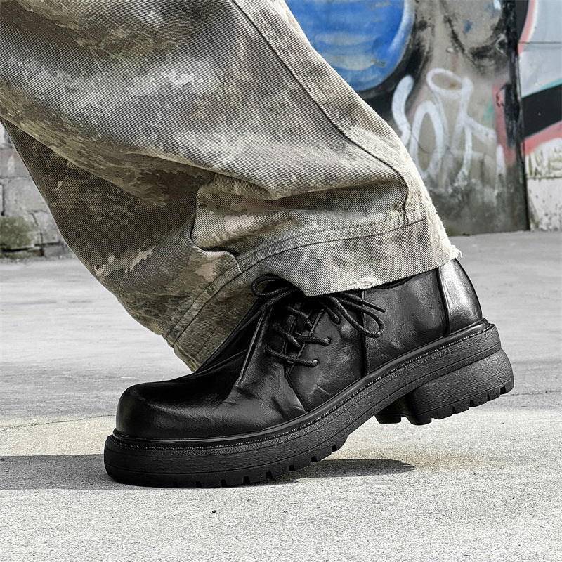 Women's & Men's Height Increasing Black Platform Warped Head Commuter Trendy British Leather Shoes