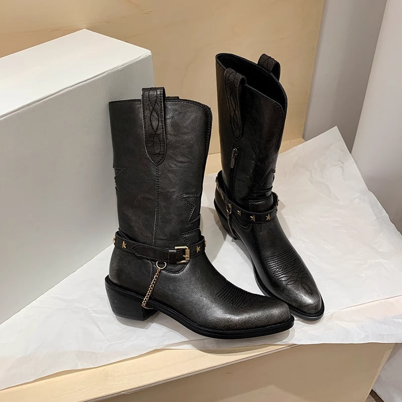 Women's Belt Buckle Side Zipper Chunky Knee-high Boots