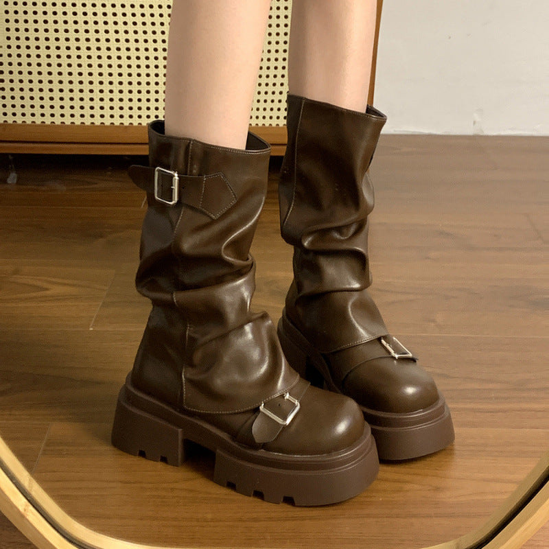 Women's Brown Thick Bottom American Retro Mid Boots
