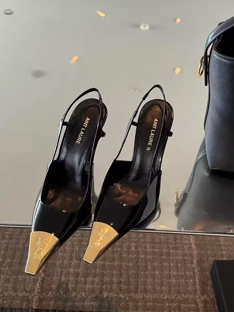 Women's Metal Square Toe Stiletto Cap Black Heels
