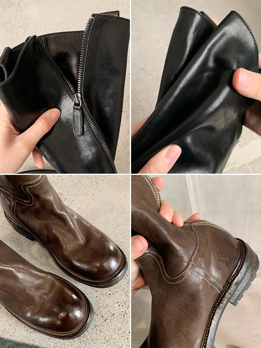 Women's Size Retro Washed Horse High Tube Slimming Middle Chunky Boots