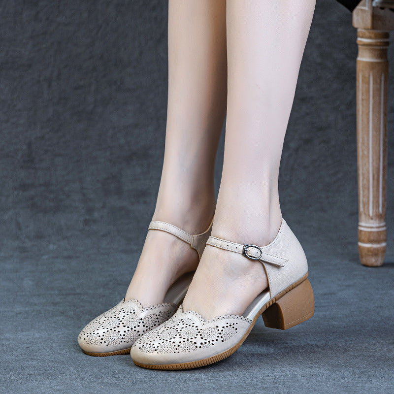Women's Soft Bottom First Layer Cowhide Retro Heels