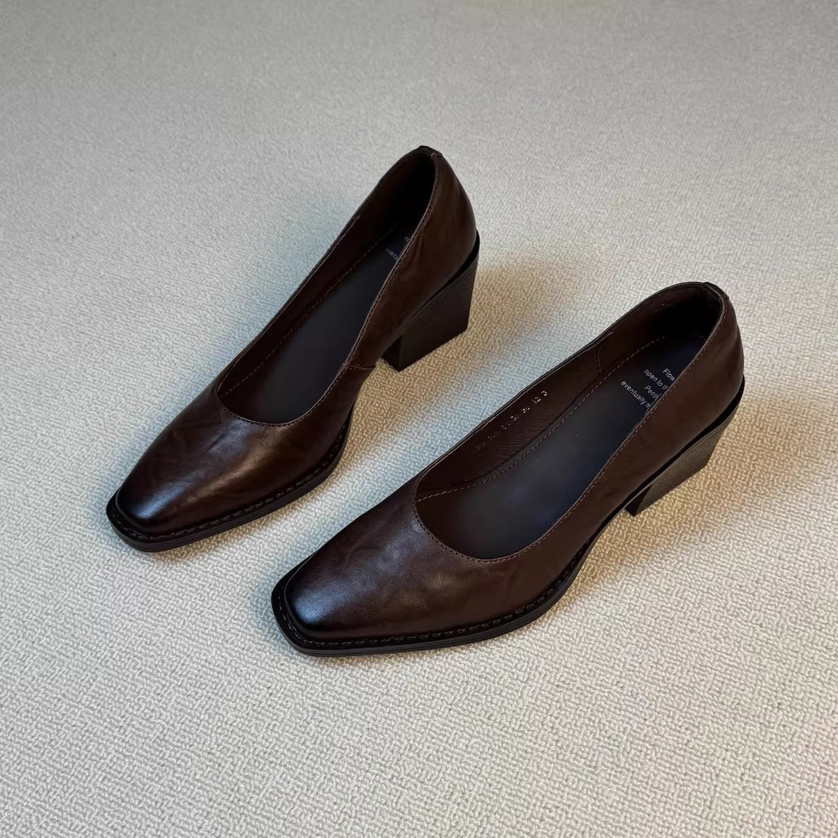 Genuine Retro Simple Style Square Head Chunky Low-cut Female Classy Heels