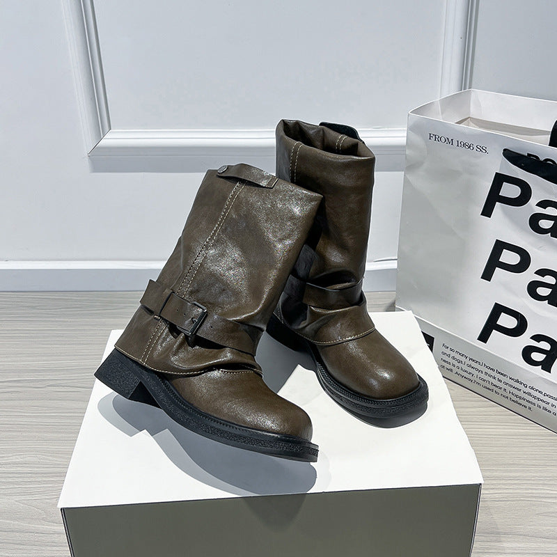 Women's Toe Wide Tube Chunky Middle Retro Belt Boots