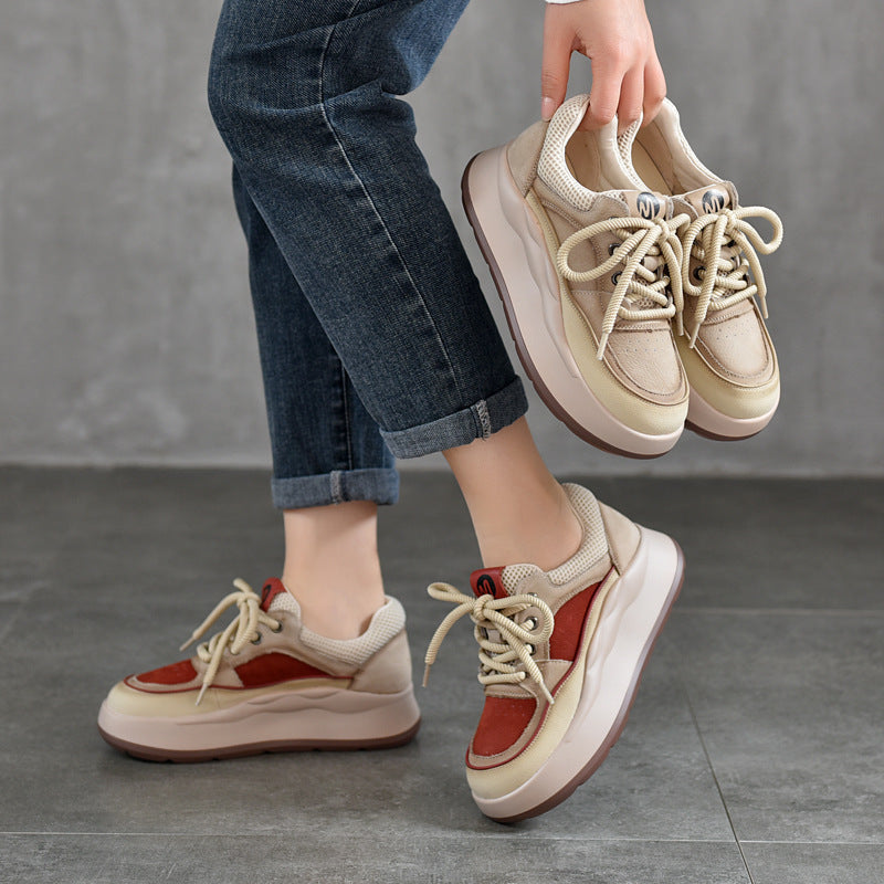 Women's Platform Genuine First Layer Cowhide Red Casual Shoes