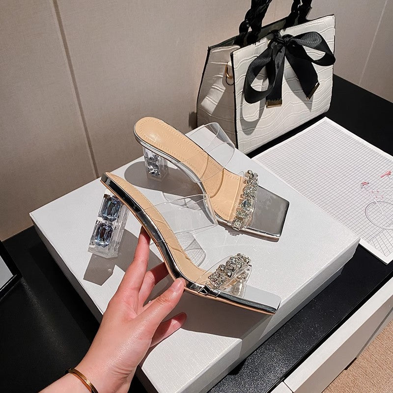 Women's Chunky Summer Square Toe Open Rhinestones Strap Transparent Heels