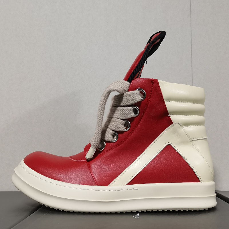 Men's Cowhide Inverted Triangle Wide Shoelace Thick Boots